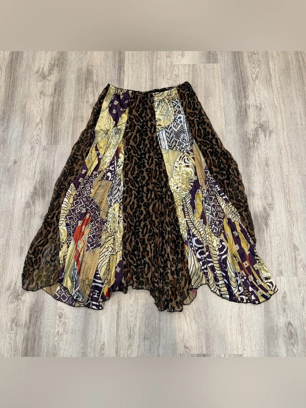 Vintage Boho Patchwork Animal Print Lined Maxi Skirt Waist 30